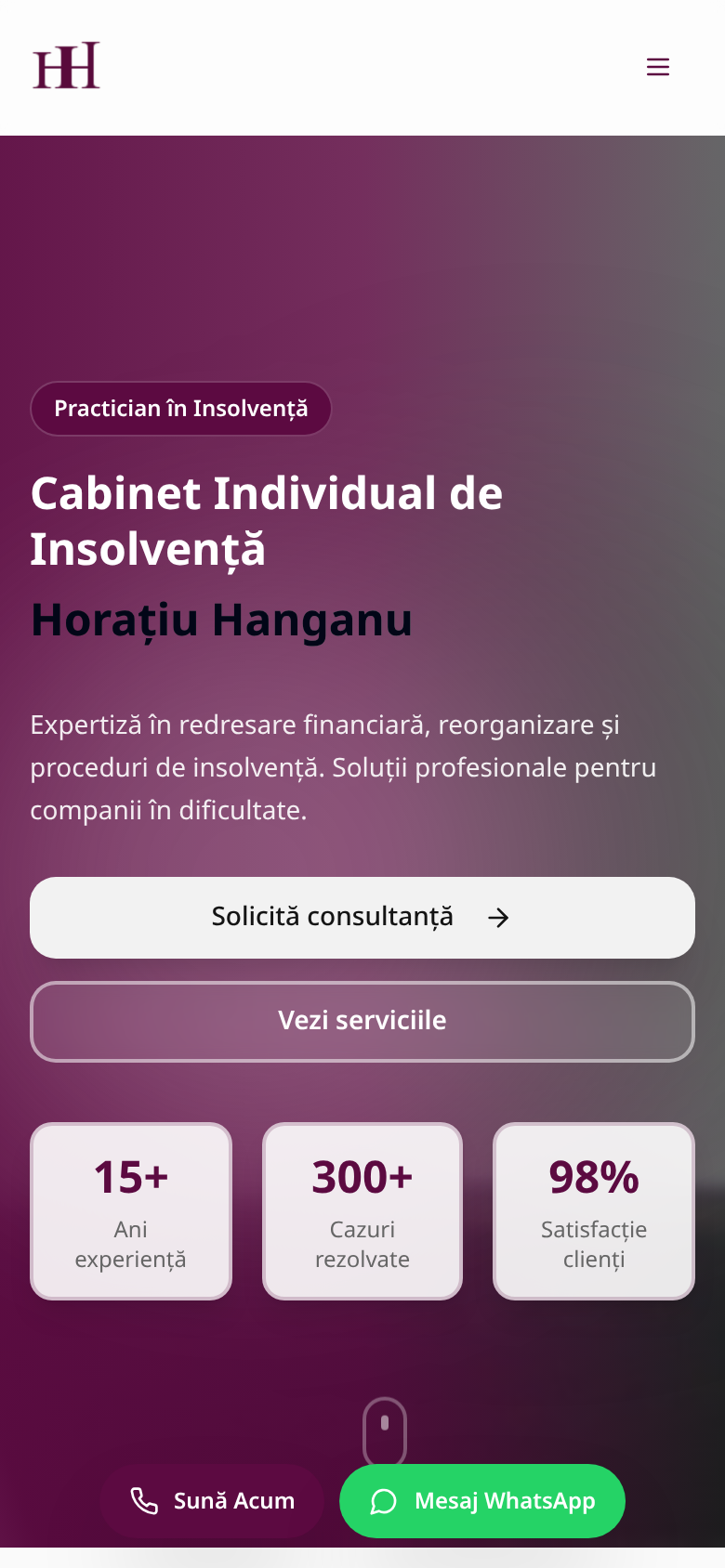 Versiunea mobilă a site-ului Cabinet de Insolvență HH